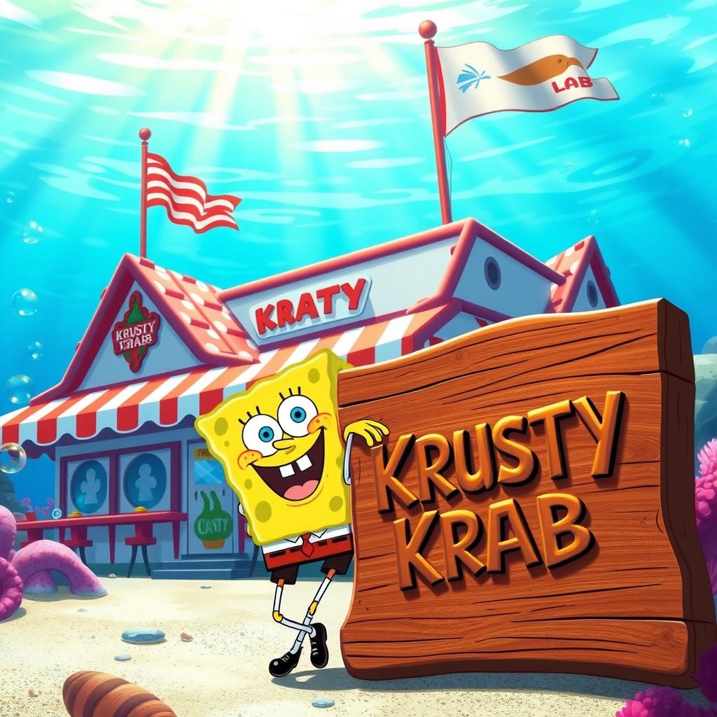 A vibrant and colorful scene of the Krusty Krab restaurant from the animated series