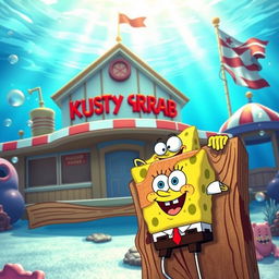 A vibrant and colorful scene of the Krusty Krab restaurant from the animated series