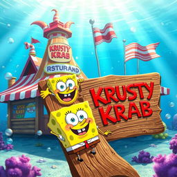 A vibrant and colorful scene of the Krusty Krab restaurant from the animated series