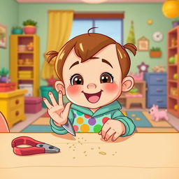 A playful and colorful cartoon scene depicting a cute child with small hands excitedly cutting their nails
