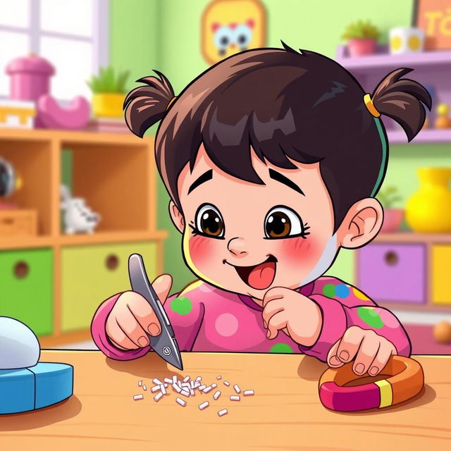 A playful and colorful cartoon scene depicting a cute child with small hands excitedly cutting their nails