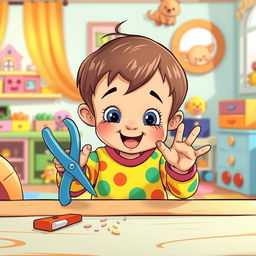 A playful and colorful cartoon scene depicting a cute child with small hands excitedly cutting their nails