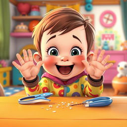 A playful and colorful cartoon scene depicting a cute child with small hands excitedly cutting their nails
