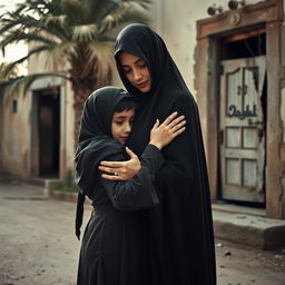 A young girl wearing a hijab embracing a radiant young lady, representing Fatima, with her face shrouded in light