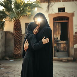 A young girl wearing a hijab embracing a radiant young lady, representing Fatima, with her face shrouded in light