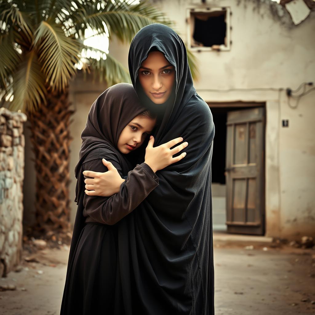 A young girl wearing a hijab embracing a radiant young lady, representing Fatima, with her face shrouded in light