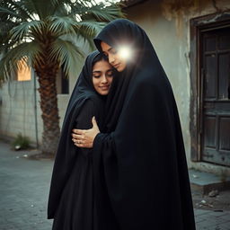 A young girl wearing a hijab embracing a radiant young lady, representing Fatima, with her face shrouded in light