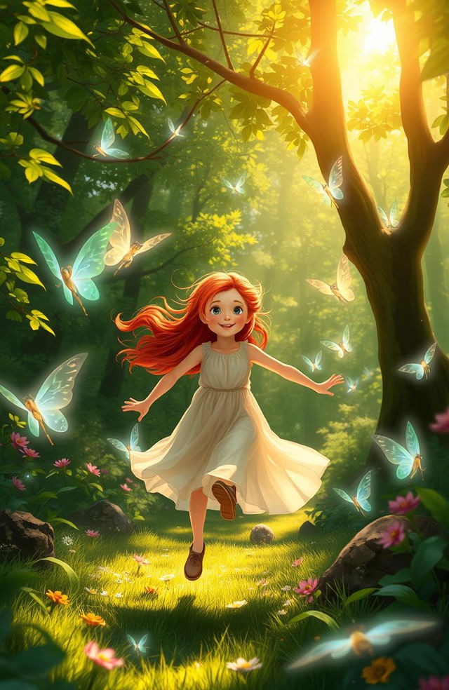 A vibrant scene depicting a red-haired girl running joyfully through a lush green forest, surrounded by a magical atmosphere filled with glowing fairies and ethereal nymphs