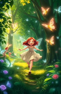 A vibrant scene depicting a red-haired girl running joyfully through a lush green forest, surrounded by a magical atmosphere filled with glowing fairies and ethereal nymphs