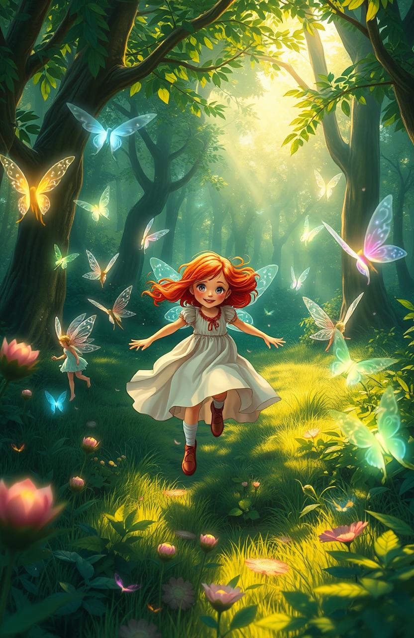 A vibrant scene depicting a red-haired girl running joyfully through a lush green forest, surrounded by a magical atmosphere filled with glowing fairies and ethereal nymphs