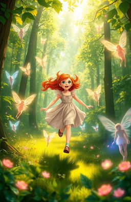 A vibrant scene depicting a red-haired girl running joyfully through a lush green forest, surrounded by a magical atmosphere filled with glowing fairies and ethereal nymphs