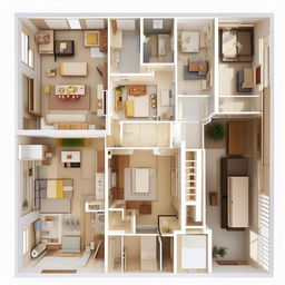 Design an internal floor plan for a 45x45 area house featuring an open-concept living room with visible staircase, a master bedroom, a small guest room, a temple, a kitchen combined with a dining area, and a common washroom.