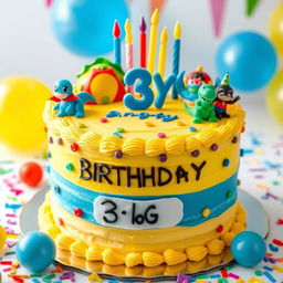 A colorful birthday cake designed for a 3-year-old boy, weighing approximately 3 kilograms