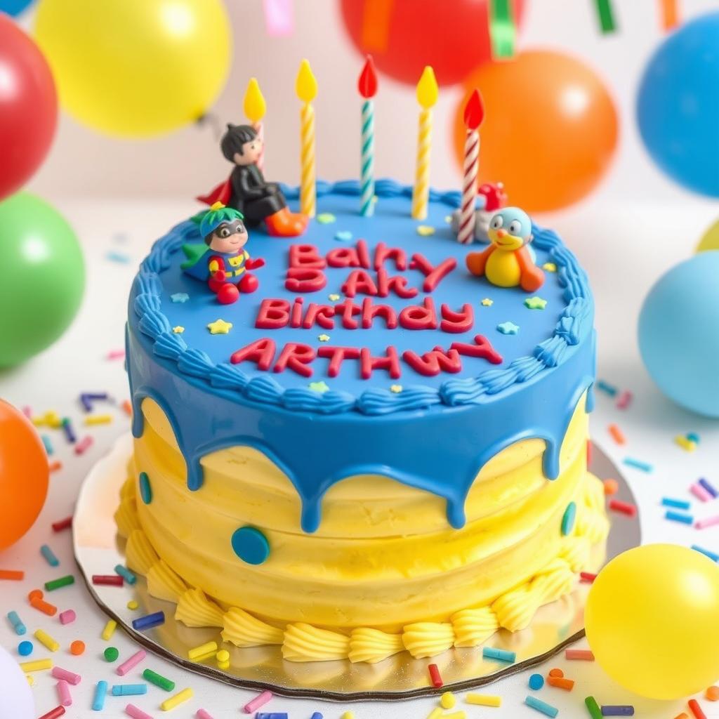 A colorful birthday cake designed for a 3-year-old boy, weighing approximately 3 kilograms