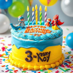 A colorful birthday cake designed for a 3-year-old boy, weighing approximately 3 kilograms