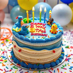 A colorful birthday cake designed for a 3-year-old boy, weighing approximately 3 kilograms