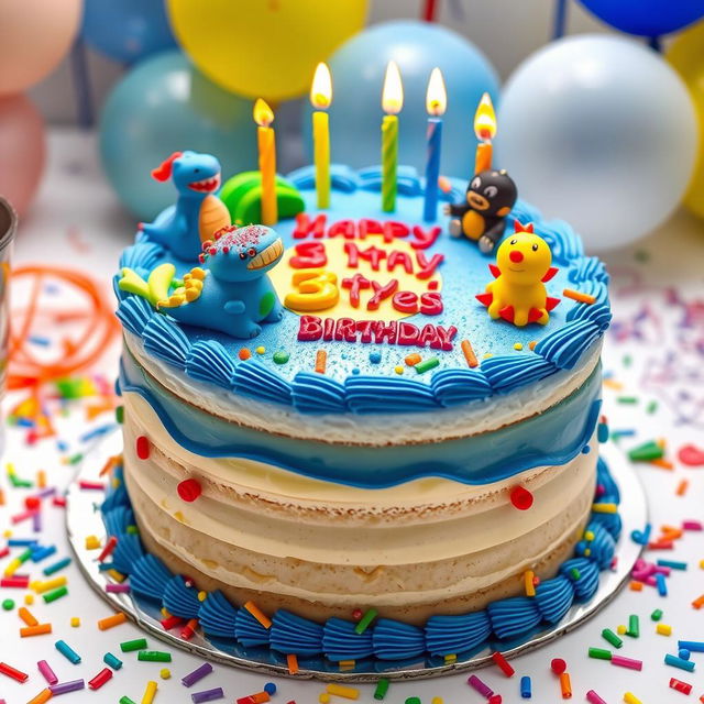 A colorful birthday cake designed for a 3-year-old boy, weighing approximately 3 kilograms