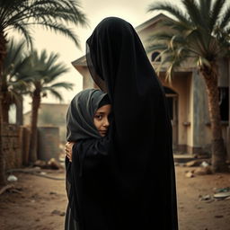 A young girl wearing a hijab in the embrace of a glowing lady, representing Hazrat Fatima