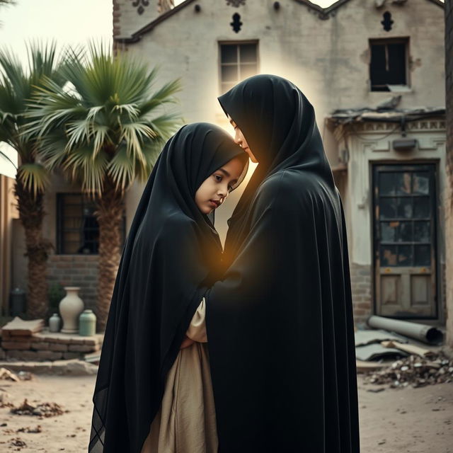 A young girl wearing a hijab in the embrace of a glowing lady, representing Hazrat Fatima