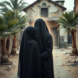 A young girl wearing a hijab in the embrace of a glowing lady, representing Hazrat Fatima