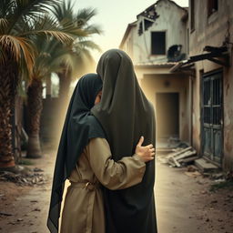 A young girl wearing a hijab in the embrace of a glowing lady, representing Hazrat Fatima