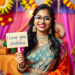 A cute and beautiful Indian office girl named Minakshi, aged 25, dressed in a gorgeous and stylish outfit suitable for an Indian festival