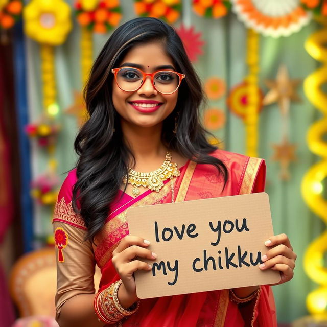 A cute and beautiful Indian office girl named Minakshi, aged 25, dressed in a gorgeous and stylish outfit suitable for an Indian festival