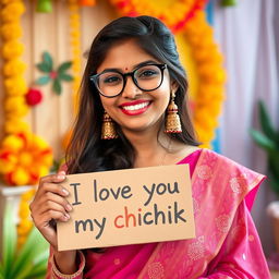 A cute and beautiful Indian office girl named Minakshi, aged 25, dressed in a gorgeous and stylish outfit suitable for an Indian festival