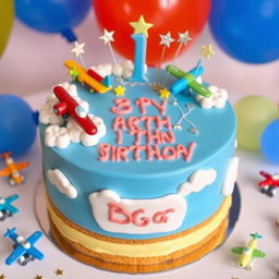 A vibrant birthday cake designed for a 3-year-old boy, themed around airplanes, weighing approximately 3 kilograms