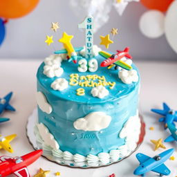A vibrant birthday cake designed for a 3-year-old boy, themed around airplanes, weighing approximately 3 kilograms