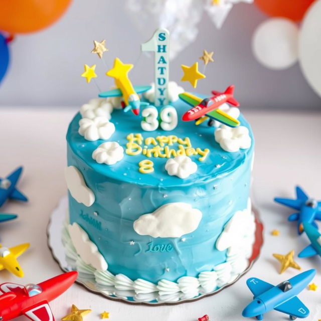 A vibrant birthday cake designed for a 3-year-old boy, themed around airplanes, weighing approximately 3 kilograms