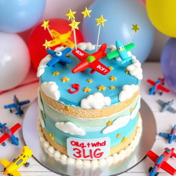 A vibrant birthday cake designed for a 3-year-old boy, themed around airplanes, weighing approximately 3 kilograms