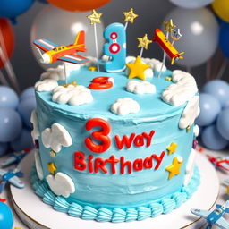 A vibrant birthday cake designed for a 3-year-old boy, themed around airplanes, weighing approximately 3 kilograms
