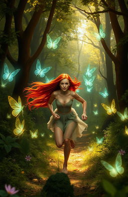 A red-haired human woman running through a lush, enchanting forest, surrounded by glowing fairies and nymphs