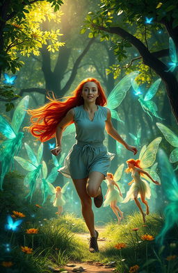 A red-haired human woman running through a lush, enchanting forest, surrounded by glowing fairies and nymphs