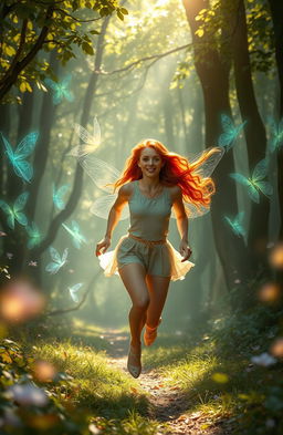 A red-haired human woman running through a lush, enchanting forest, surrounded by glowing fairies and nymphs