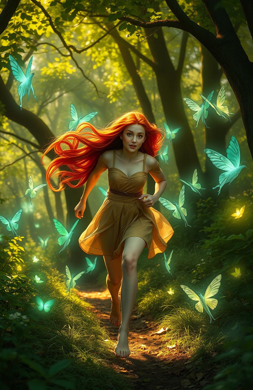 A red-haired human woman running through a lush, enchanting forest, surrounded by glowing fairies and nymphs