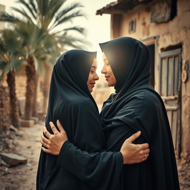 A young girl in a hijab being embraced by a radiant young woman, representing Lady Fatima, with her face illuminated by a soft glow, indistinguishable, both wearing beautiful hijabs