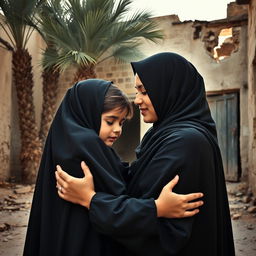 A young girl in a hijab being embraced by a radiant young woman, representing Lady Fatima, with her face illuminated by a soft glow, indistinguishable, both wearing beautiful hijabs