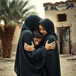 A young girl in a hijab being embraced by a radiant young woman, representing Lady Fatima, with her face illuminated by a soft glow, indistinguishable, both wearing beautiful hijabs