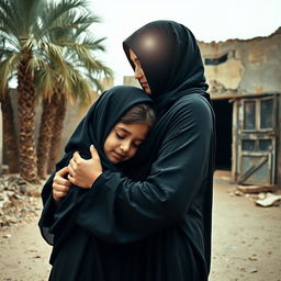 A young girl in a hijab being embraced by a radiant young woman, representing Lady Fatima, with her face illuminated by a soft glow, indistinguishable, both wearing beautiful hijabs