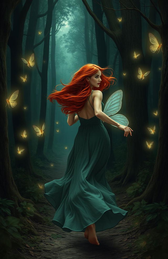 A red-haired human woman in a flowing, long dress, running through a mystical forest, looking back over her shoulder