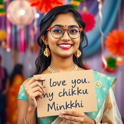 A cute and beautiful Indian office girl named Minakshi, aged 25, with fair skin, dressed in a gorgeous and stylish outfit perfect for an Indian festival
