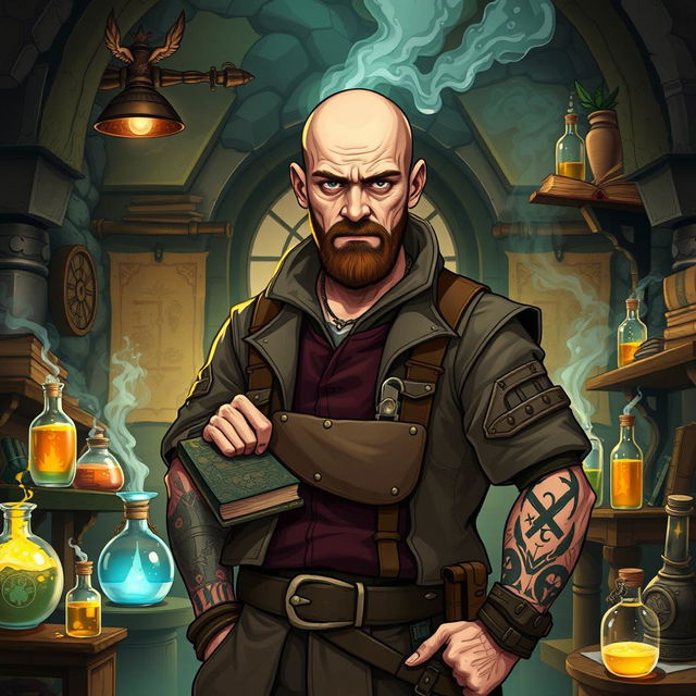 A striking illustration of a male alchemist with an impressive presence, inspired by the character Walter White from Breaking Bad