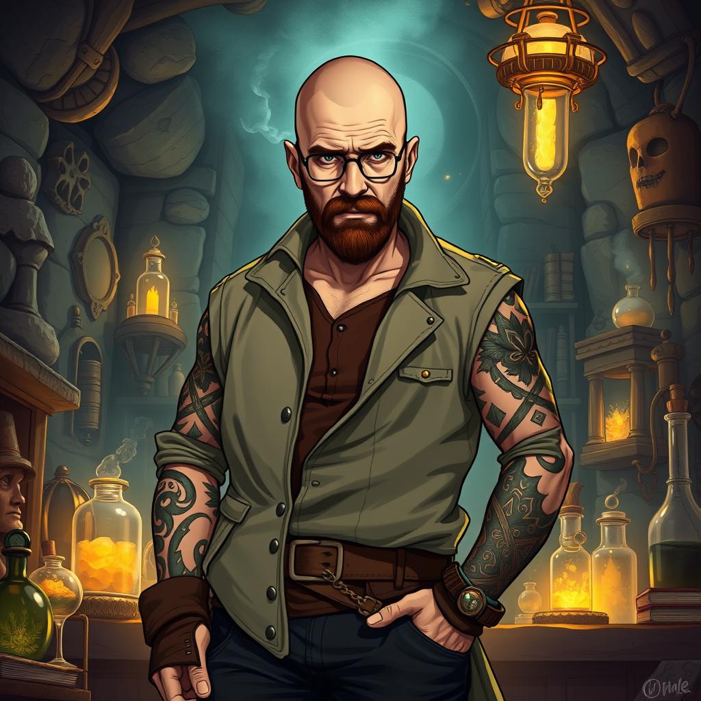 A striking illustration of a male alchemist with an impressive presence, inspired by the character Walter White from Breaking Bad