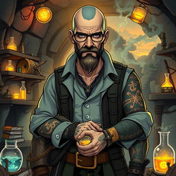 A striking illustration of a male alchemist with an impressive presence, inspired by the character Walter White from Breaking Bad