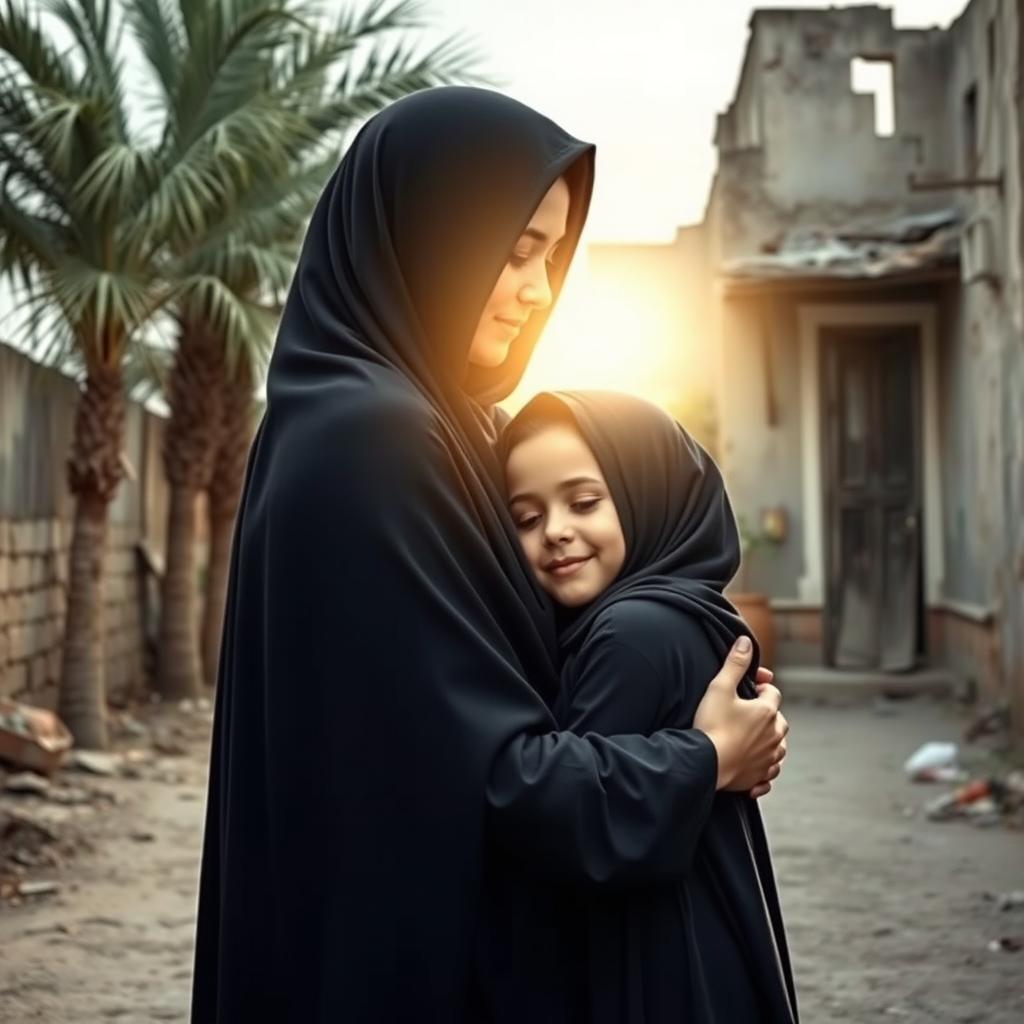 A touching scene featuring a young girl in a hijab embraced by a radiant woman, representing Fatimah