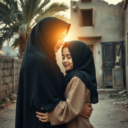 A touching scene featuring a young girl in a hijab embraced by a radiant woman, representing Fatimah