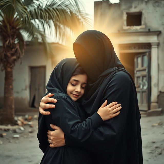 A touching scene featuring a young girl in a hijab embraced by a radiant woman, representing Fatimah