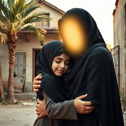 A touching scene featuring a young girl in a hijab embraced by a radiant woman, representing Fatimah